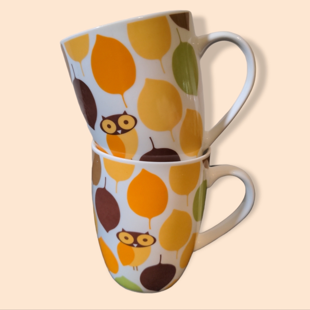 Rachael Ray Little Hoot Owl Coffee/Tea Mugs Set of 2 Brown Orange Yellow